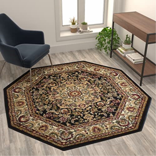 persian-style-5x5-black-octagon-area-rug-olefin-rug-with-jute-backing