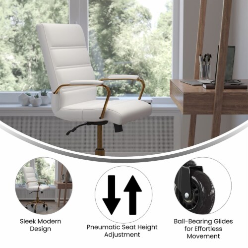 Camilia Mid-Back White LeatherSoft Executive Swivel Office Chair with Gold Frame, Arms, an Perspective: back