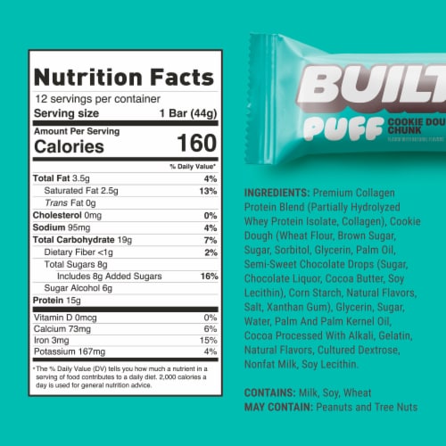 BUILT Puffs Protein Bar, Cookie Dough Chunk, 15g Protein, Collagen, 160 Calories, Single 1.55 oz Bar Perspective: back