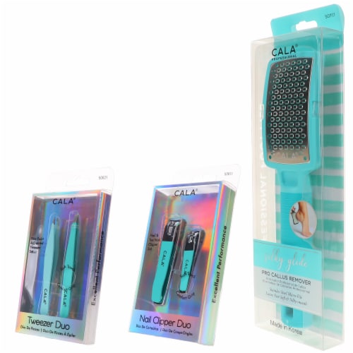CALA Nail Clipper Duo Mint, Tweezer Duo Mint & Silky Glide Pro Callus Remover Aqua Combo Pack Perspective: back