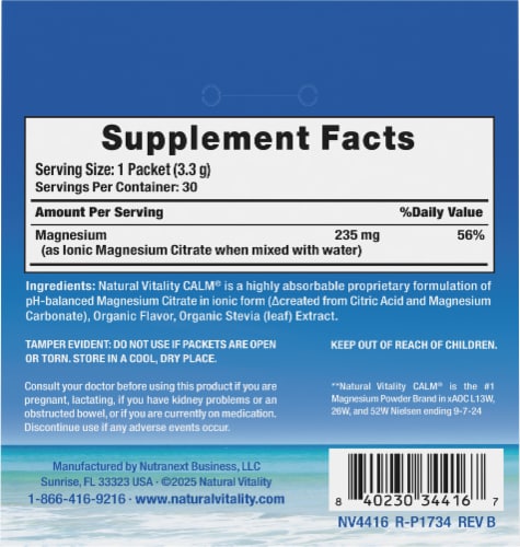 Natural Vitality CALM Magnesium Citrate Relaxing Drink Mix 30 Stick Packets Perspective: back
