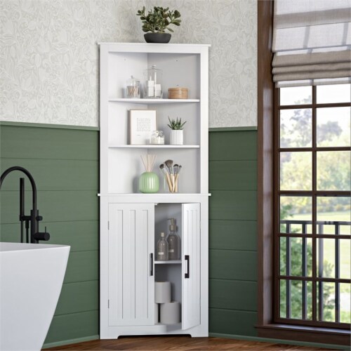 RiverRidge Monroe Tall Transitional Wood Corner Cabinet in White Perspective: back