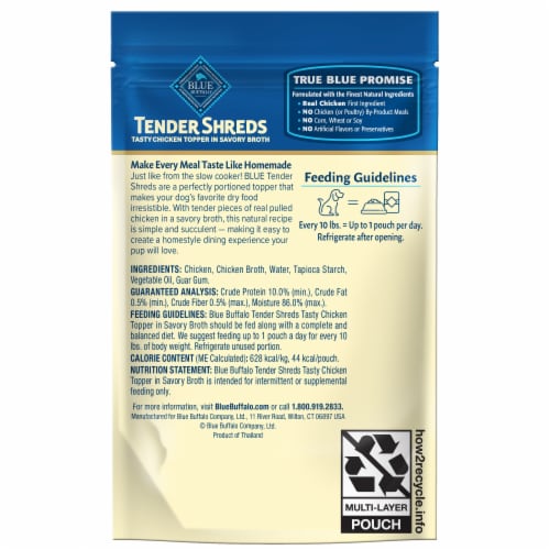 Blue Buffalo Tender Shreds Tasty Chicken Toppers in Savory Broth, Natural Dog Food, 2.5-oz Pouch Perspective: back