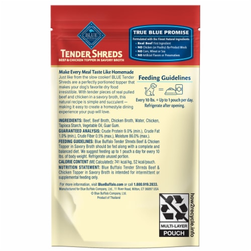 Blue Buffalo Tender Shreds Beef Toppers in Savory Broth, Dog Food Complement, Beef, 2.5-oz Pouch Perspective: back