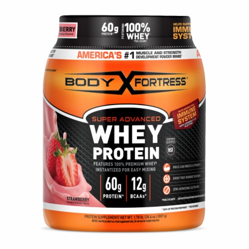 Body Fortress® Super Advanced Strawberry Whey Protein Powder Perspective: back