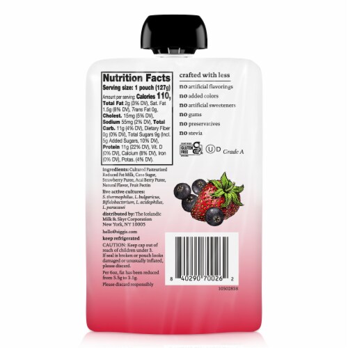 siggi's Reduced Fat Protein Pack, Strawberry Acai Yogurt Pouch Perspective: back
