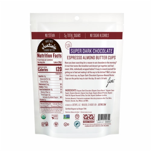 Justin's Organic Super Dark Chocolate Espresso Almond Butter Cups Bag 4.2 oz Perspective: back