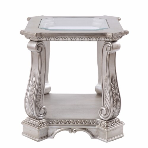 Antique Wooden End Table with Polyresin Engravings and Glass Top, Silver and Clear- Saltoro Perspective: back