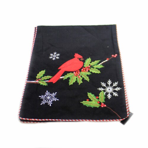 Christmas Black Table Runner W/Cardinal Cotton Embroidered Snowflakes 53127D Perspective: back