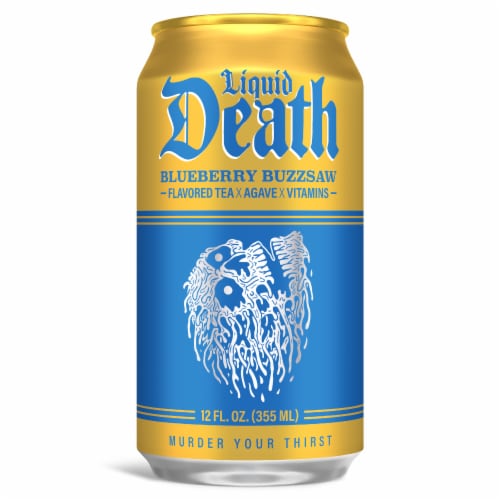 Liquid Death, Blueberry Buzzsaw Iced Tea, Blueberry Flavored Black Tea Perspective: back