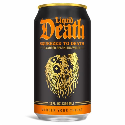 Liquid Death, Squeezed to Death, Orange-Flavored Sparkling Water Perspective: back