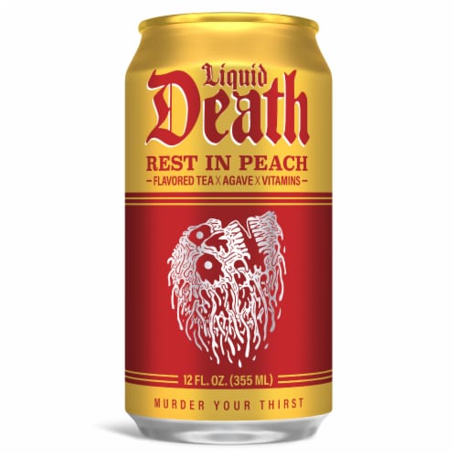 Liquid Death, Rest in Peach Iced Tea, Peach Flavored Back Tea Perspective: back