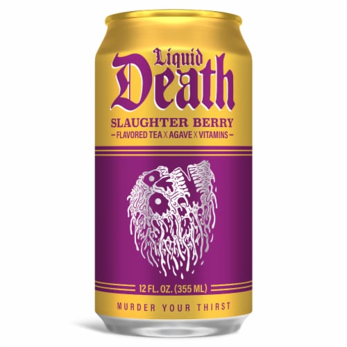 Liquid Death, Slaughter Berry Iced Tea, Raspberry Flavored Black Tea Perspective: back