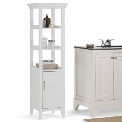 Simpli Home Avington Contemporary Wooden Bath Storage Tower in Pure White Perspective: back