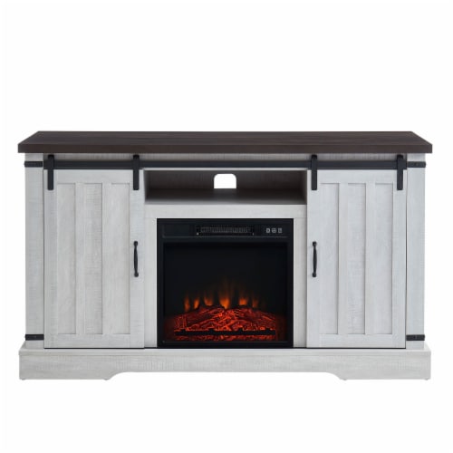 Gray barn door tv outlet stand with fireplace