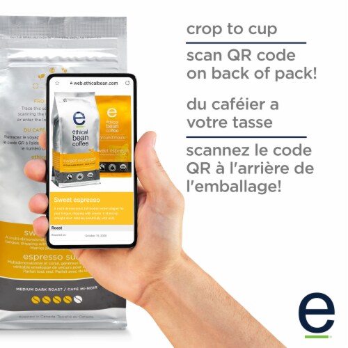 Ethical Bean Fairtrade Organic Coffee, Sweet Espresso Medium Dark Roast, Ground Espresso Coffee Perspective: back
