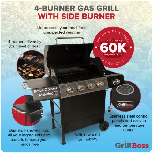 Grill Boss 4-Burner Gas Grill with Side Burner, Cover, Shelves, & Bottle Opener Perspective: back