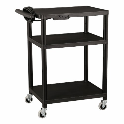 Adjustable-Height Mobile Black Plastic Utility AV Cart with Power Strip Perspective: back