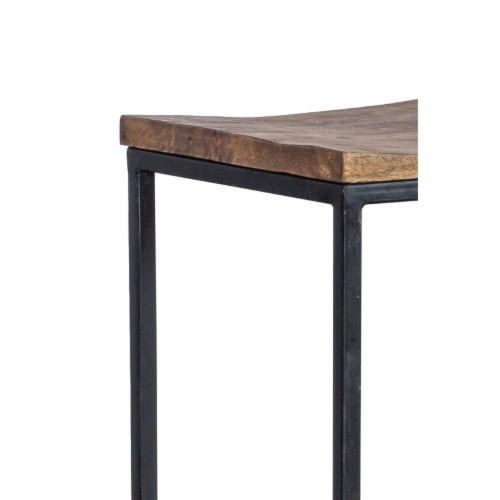 Iron Base Counter Height Stool with Wooden Saddle Seat, Brown and Black- Saltoro Sherpi Perspective: back