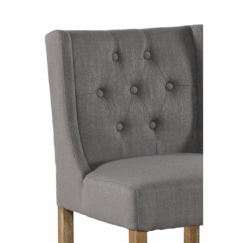 Wooden Barstool with Padded Seat, Button Tufted, Wing Back, Set of 2, Gray and Brown- Saltoro Perspective: back