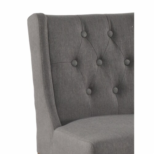 Wooden Counter Height Stool with Fabric Padded Seat and Tufted Wing Back, Gray and Brown- Perspective: back