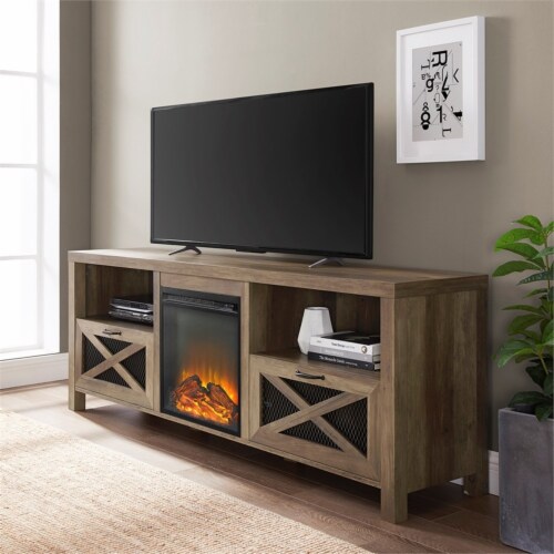 Barnwood entertainment online center with fireplace