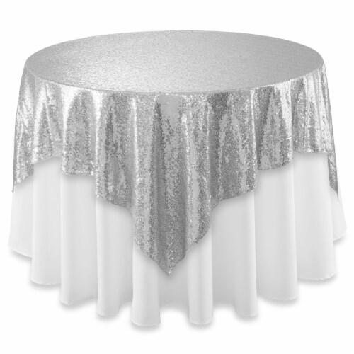 72 x 72 Silver Sequin Tablecloth Overlay, Sparkly Square Table Cloth Perspective: back