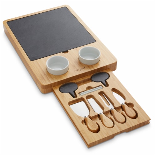 Bamboo Cheese Board Gift Set with Slate Tray, 4 Knives, 2 Dip Bowls Perspective: back