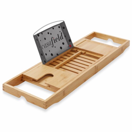 Casafield Bamboo Bathtub Caddy, Expandable Wooden Bath Tray Perspective: back