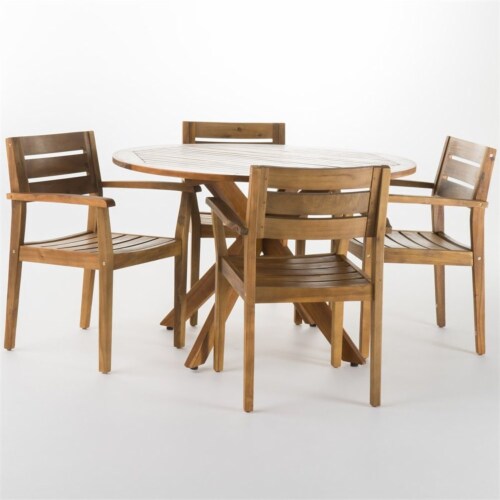 Noble House Stamford 5 Piece Wooden Round Patio Dining Set in Teak