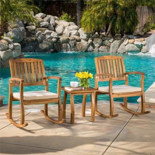 Noble House Selma Teak Finish Acacia Rocking Chair w Accent Table