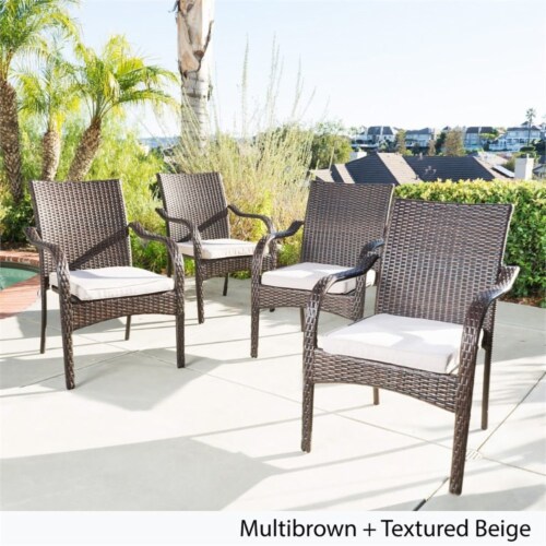 Noble House San Pico Wicker Stacking Patio Dining Arm Chair in Brown Set of 4 1 Mariano s