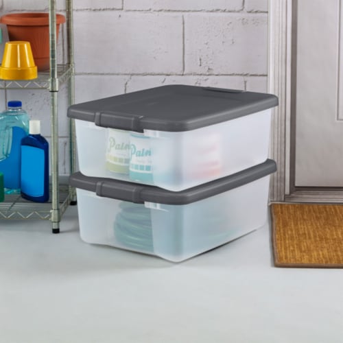 Sterilite 25 Quart Shelf Tote with Flat Gray Lid and Platinum Latches (12 Pack) Perspective: back