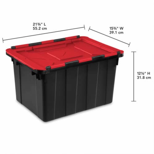Sterilite 12 Gallon/45 Liter Hinged Lid Industrial Tote, Red Lid (12 Pack) Perspective: back
