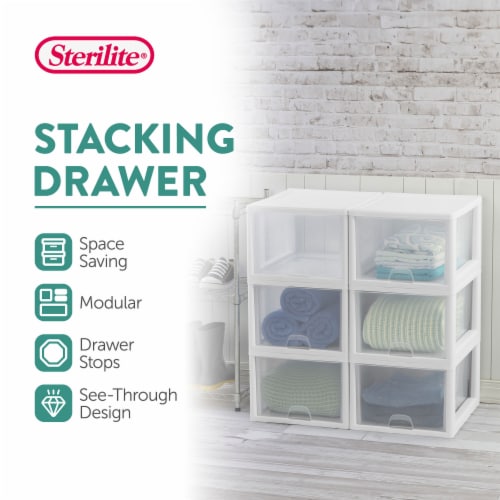 Sterilite 27 Quart Clear & White Plastic Storage Bin with One Drawer, 16 Pack Perspective: back