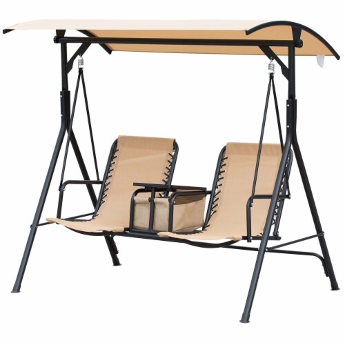2 Person Outdoor Swing Chair for Porch, Patio, Storage, Tray, Cup Holders, Beige Perspective: back