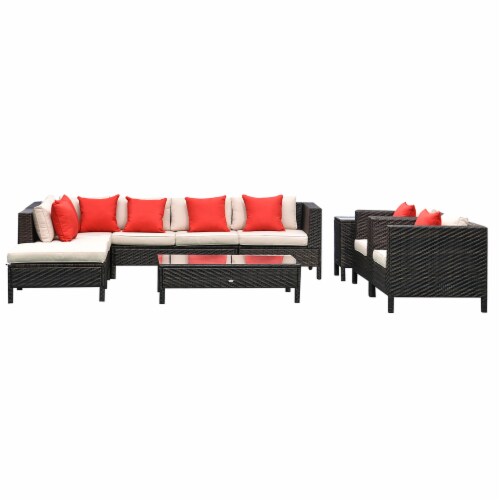 Outside Sitting & Conversation Sofa Set w/ Thick Sofa Cushions & Tea Table, Sand Perspective: back