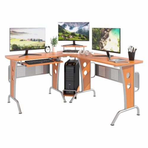 L-Shaped Corner Computer Office Desk  PC Table Workstation with  Keyboard Tray Perspective: back