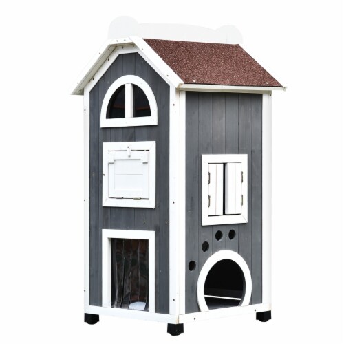 Solid Wood Cat Condo Furniture 2Floor Pet Shelter, Grey and White, 43