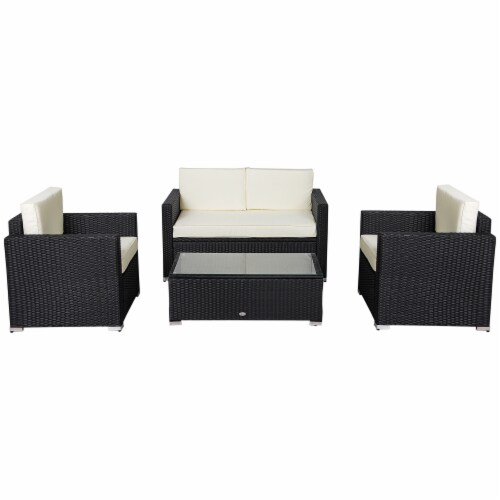 Outside Rattan Wicker Chair Loveseat Set for Patio w/ Glass Coffee Table, Black Perspective: back