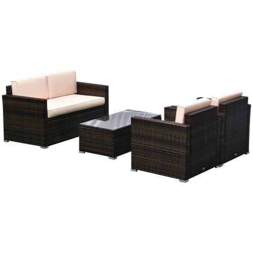 Outside Rattan Wicker Chair Loveseat Set for Patio w/ Glass Coffee Table, Brown Perspective: back