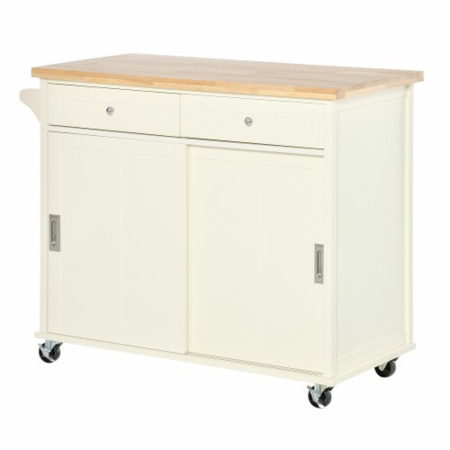 43  Kitchen Island Rolling Storage Cart w/ Wheels, Cabinet, Drawers, Cream White Perspective: back