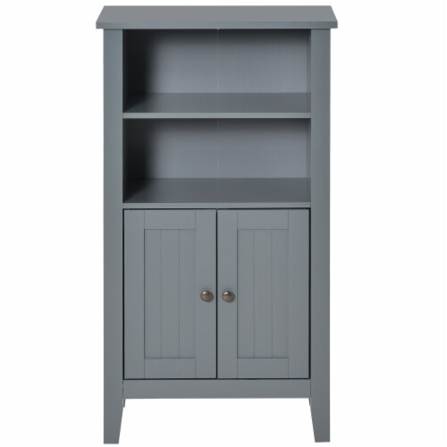 Freestanding Bathroom Linen Floor Cupboard with Multi-Tier Shelving and Tabletop Perspective: back
