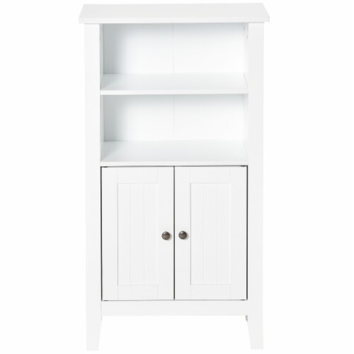 Freestanding Bathroom Linen Floor Cupboard with Multi-Tier Shelving and Tabletop Perspective: back