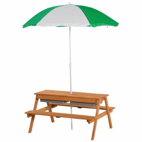 Fir Wood Kids Table Set with Parasol and Storage Space, Natural Wood Color Perspective: back