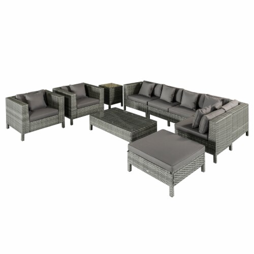 Outside Sitting & Conversation Sofa Set w/ Thick Sofa Cushions & Tea Table, Grey Perspective: back