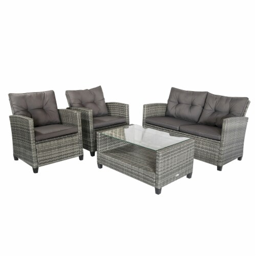 4-pc Outside Deck & Balcony Wicker Furniture Set w/ Seating & Coffee Table Grey Perspective: back