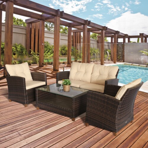 4-pc Outside Deck & Balcony Wicker Furniture Set w/ Seating & Coffee Table Beige Perspective: back
