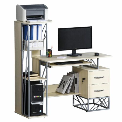 Wood Desktop Corner Working Desk with 4-Tier Shelving and Pullout Keyboard Tray Perspective: back
