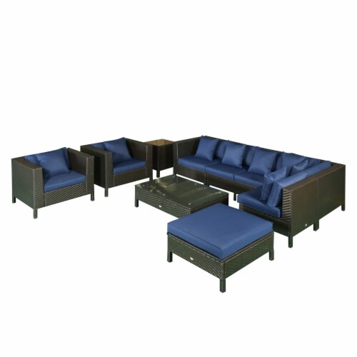 Outside Sitting & Conversation Sofa Set w/ Thick Sofa Cushions & Tea Table, Navy Perspective: back